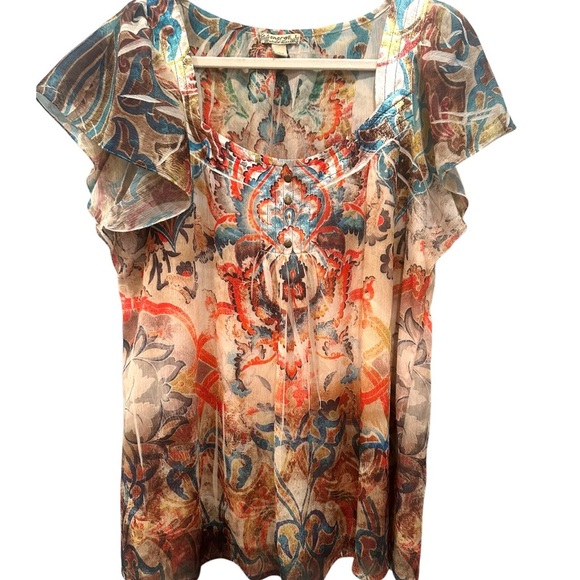 Energie Boho Y2K  Ruffled Babydoll Blouse  Sz Large Colorful Flowy Feminine Fall - Picture 1 of 7